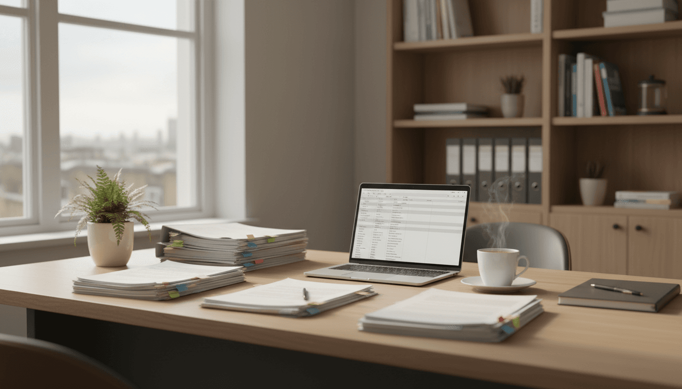 Immigration consultant's desk with documents and laptop in a London office