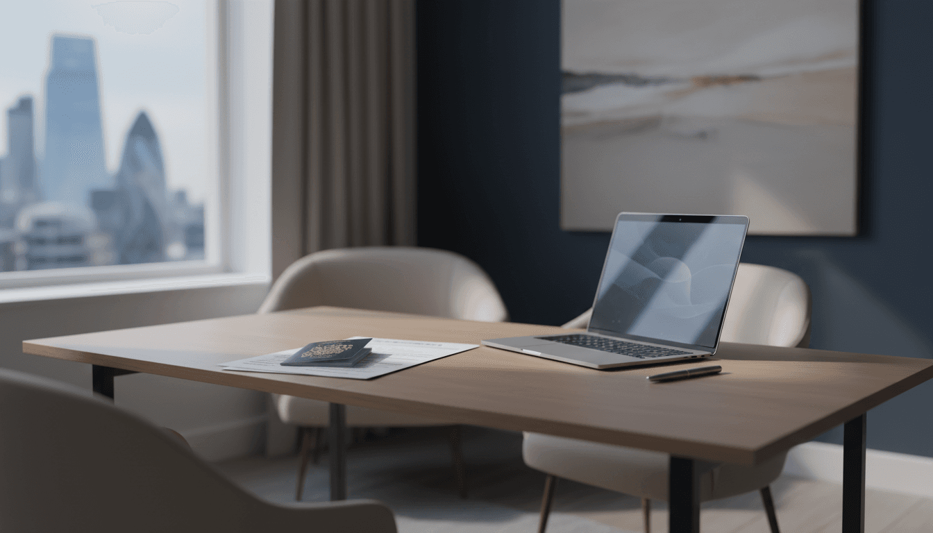 Consultancy desk with visa application papers and a UK passport