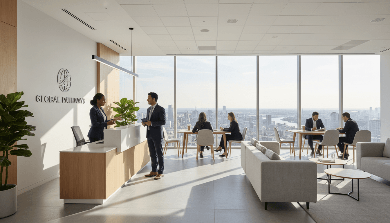 Modern London office building exterior with consultant visible through window