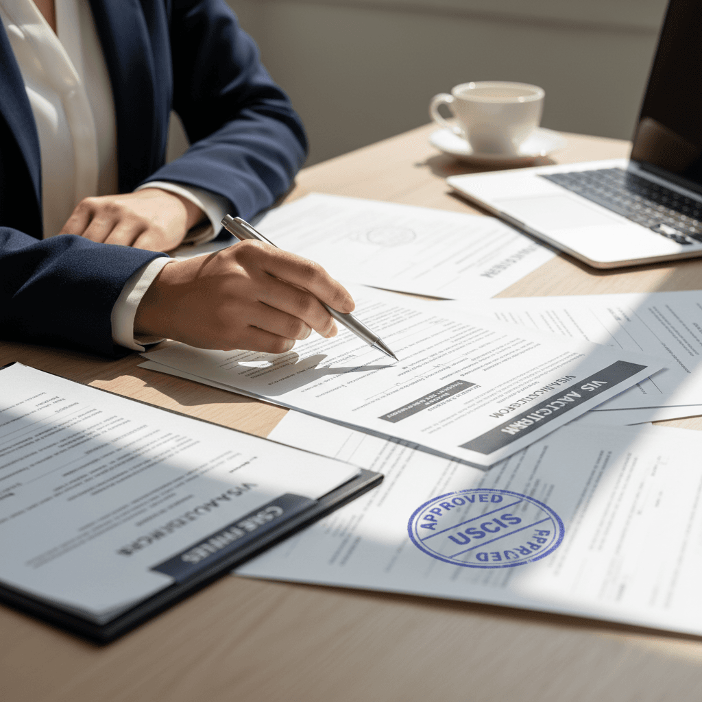 Consultant's desk with visa documents and laptop in a London office