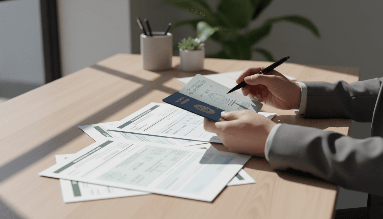 Consultant reviewing visa application documents on a desk