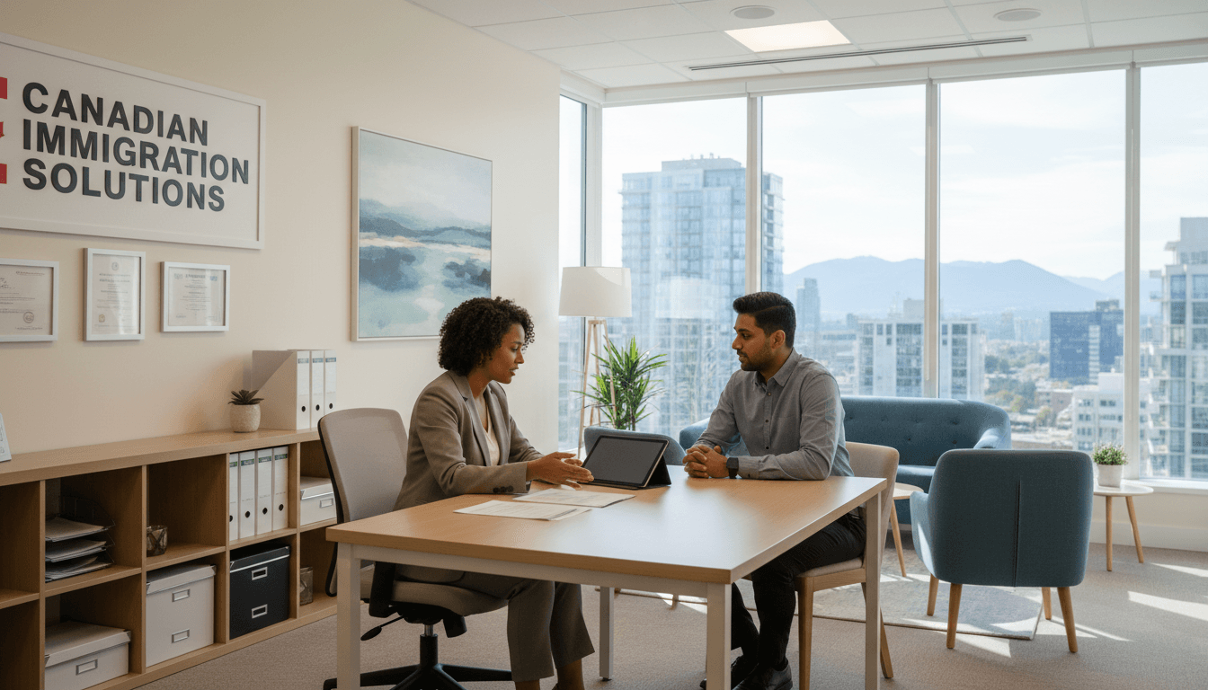 Immigration advisor reviewing documents with a client in a London office